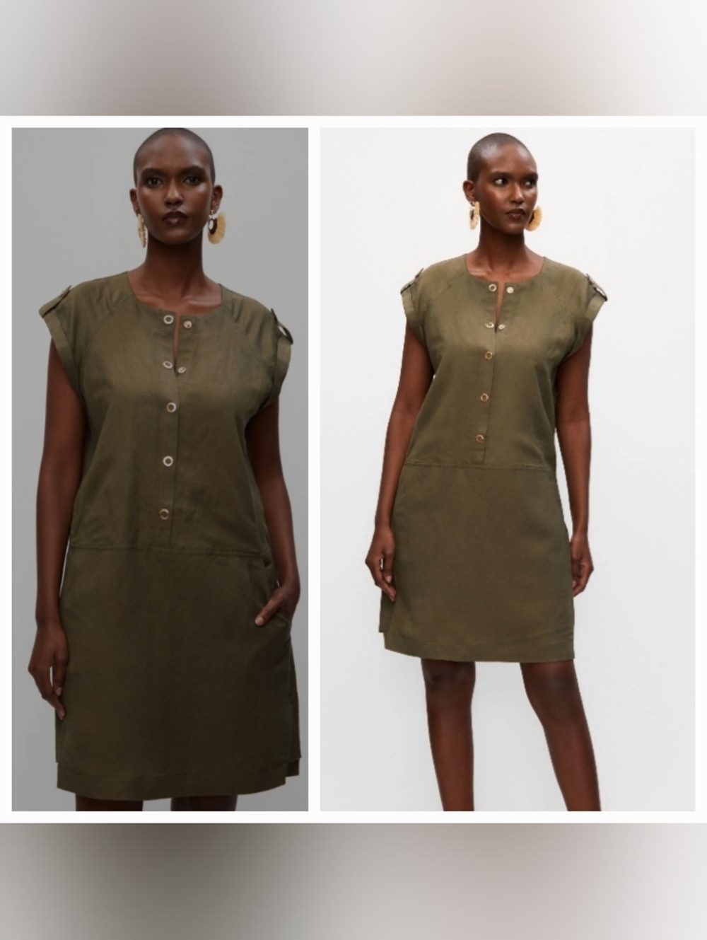 MELANIE LYNE button Front Linen Dress In Olive Green Sz14